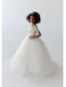 Three Quarter Sleeve Ivory Lace Tulle Sheer Back Floor Length Flower Girl Dress